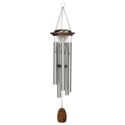 Woodstock Chimes Moonlight Solar Chime in silver finish, featuring six aluminum tubes, a solar-powered LED light, a customizable wind sail, and o ring hook on a white background